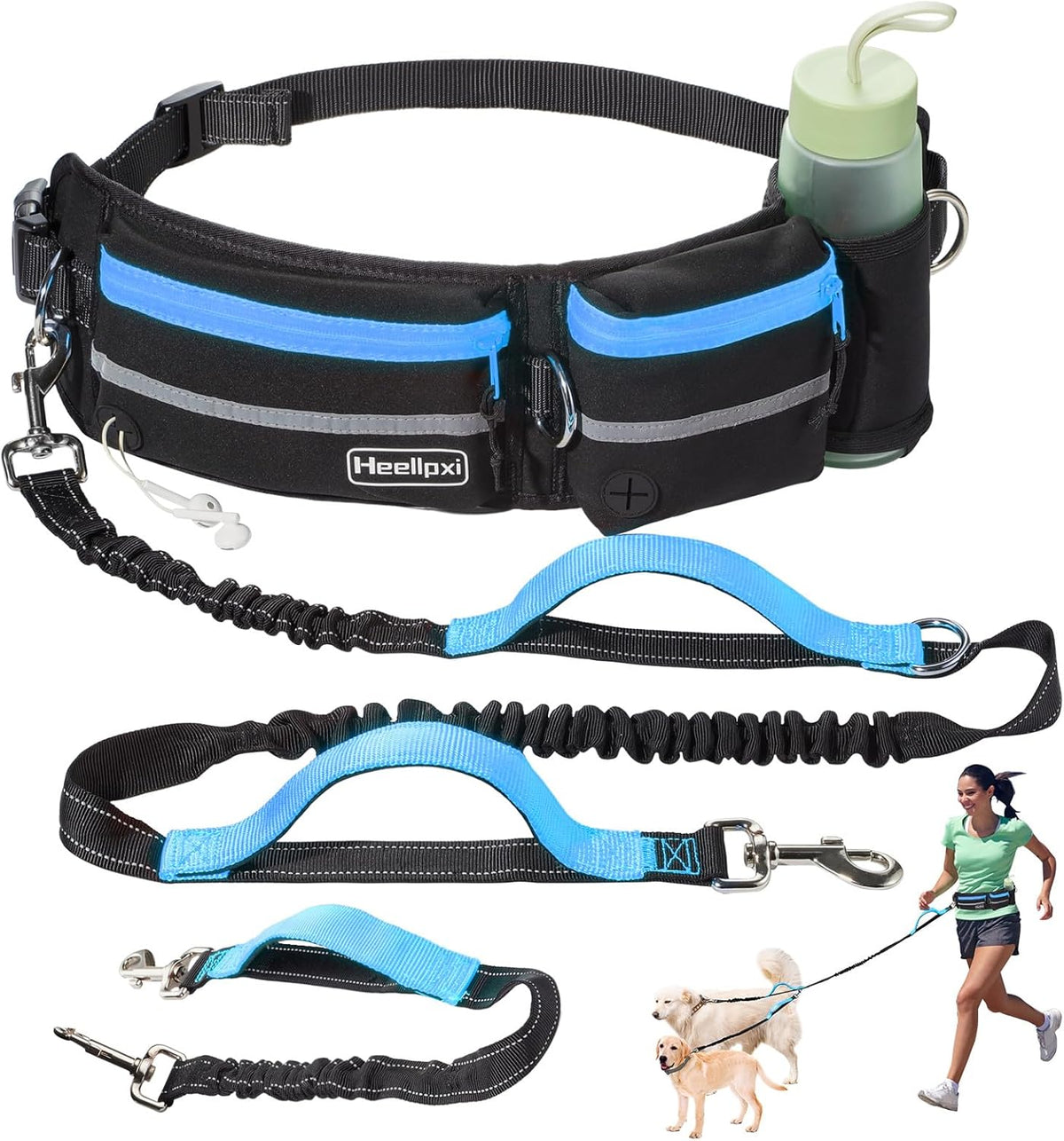 Hands-Free Waist Leash with Pouch for Two Dogs,Reflective Stitching, Dual Handle & Bungee Retractable Design – Ideal for Medium to Large Dogs (Blue) – Dog Walking Accessories