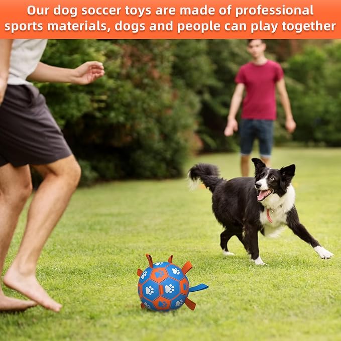 QDAN Dog Ropes Toys Soccer Ball with Straps, Puppy Birthday Gifts, Tug Toy, Durable Dog Balls for Medium & Large Dogs- Blue Orange(8 Inch)