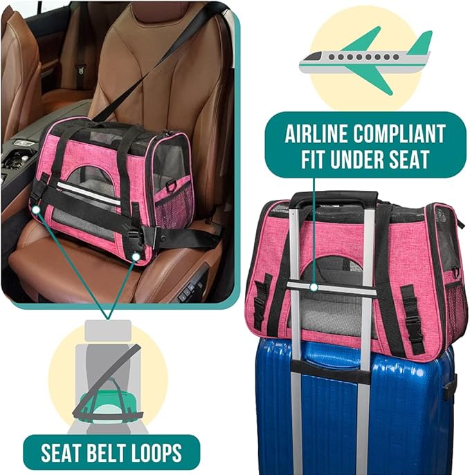 PetAmi Airline Approved Pet Carrier for Cat, Soft Sided Dog Carrier for Small Dog, Cat Travel Supplies Accessories Indoor Cat, Ventilated Pet Carrying Bag Medium Large Kitten Puppy, Large Heather Pink