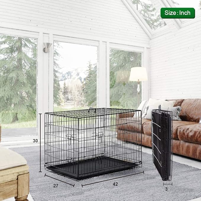 BestPet | Dog Crate | 42" | Black | Foldable Metal Kennel with Double Doors, Secure Slide-Bolt Latches, Leakproof Tray | Portable Dog Cage for Large Breeds | for Travel, Indoor & Outdoor Use