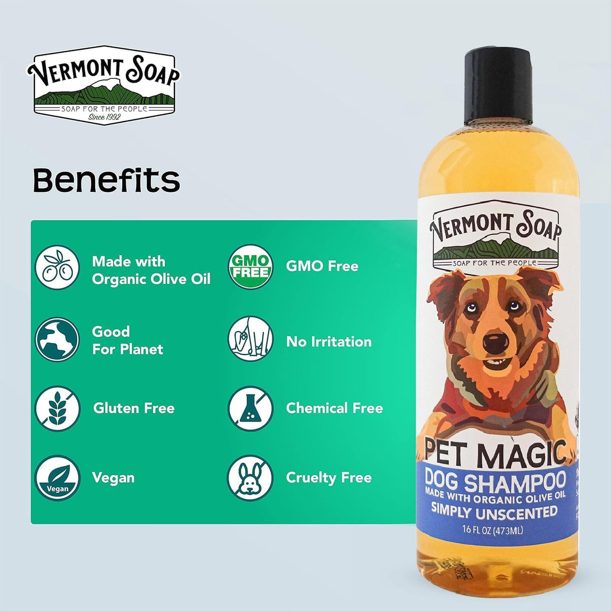 VERMONT SOAP Organics Pet Shampoo - Infused with Organic & Natural Olive Oil, Coconut & Aloe Vera Dog Shampoo for Sensitive Skin - USDA Certified Grooming Pet Shampoo - Unscented (16oz)