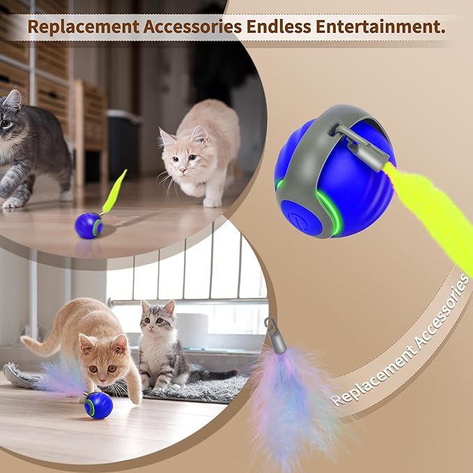 Speedy Tail 2.0 Interactive Cat Toy – Smart Self-Rolling Cat Ball with Feather Tail, Automatic Moving Motorized Toy for Indoor Cats, Chasing & Hunting Fun (Blue)