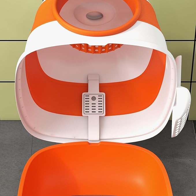 PawHut Cat Litter Box with Lid, Covered Litter Box w/High Sides, Air Freshener, Large Two-Way Entrance Kitty Toilet, Foldable, Easy Clean, Orange
