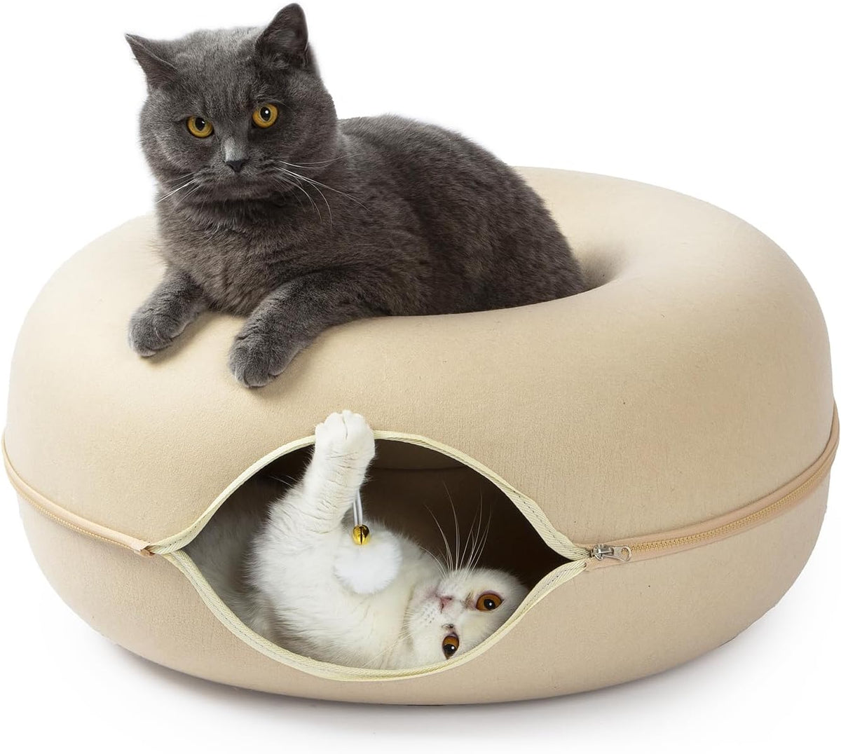 Jia Xi Cat Bed and Hideout, Large Indoor Cat Condo with Tunnel and Cave (24 inch, Beige)