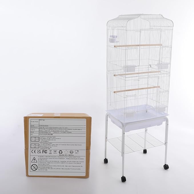 Extra Large Bird Cage, 54" Rolling Breeding Flight Bird Cages w/ 360° Wheels, Open Play Top Bird Cage with Detechable Stand for Parrots, Caiques, Macaw (White)