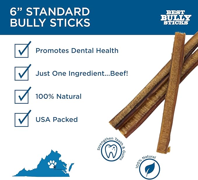 Best Bully Sticks 6 Inch Bully Sticks for Dogs - 50 Count (Pack of 1) - Natural, Easily Digestible, 100% Grass-Fed Beef, Grain and Rawhide Free