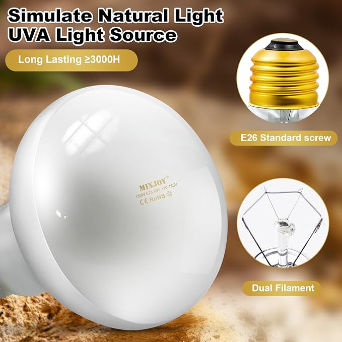 MIXJOY 150W Reptile Heat Lamp Bulbs, 2Pack Heat Lamp Bulbs for Reptiles Basking Bulbs UVA Daylight Basking Light Amphibians Heating Lamp Emitter for Lizard, Tortoise, Bearded Dragon Gecko, Chicken