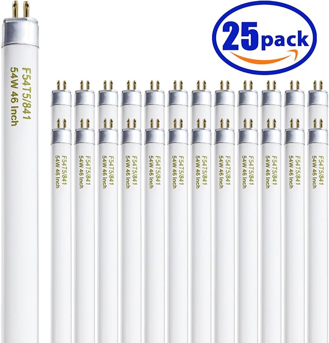 F54T5/841/HO 54W T5 HO Fluorescent Tube Light, 46 Inches T5 54 Watt Fluorecent Bulb, F54T5/841/CW, 4100K Cool White, 80 CRI, G5 Base 4300 Lumens 25 Pack