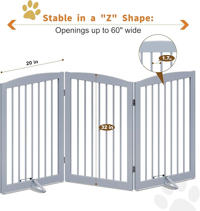 Freestanding Pet Gate for Dogs, Foldable Wooden Dog Gate for House Indoor, Tall Pet Fence for Stair, Doorway,Hall, Support Feet Included, 3 Panels 32",Grey