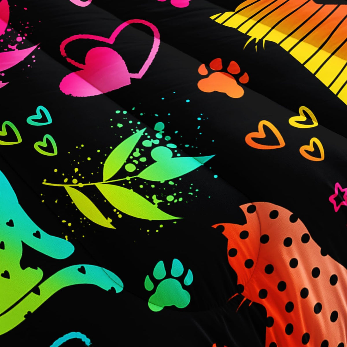 Kawaii Cat Animal Comforter 3Pcs Full Lovely Pet Cat Bedding Set for Kid Teen Girl Boy Adult Room Decor Cartoon Kitten Paw Heart Bamboo Leaf Pattern Quilt with 1 Comforter and 2 Pillowcases