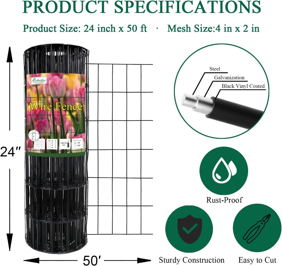 Black PVC Coated Welded Wire Fence 24 Inch x 50 Foot, 2 Inch x 4 Inch 15GA, Garden Border Fencing Roll Vinyl Coating Metal Wire Mesh Hardware Cloth for Yard Vegetable Plant Protection