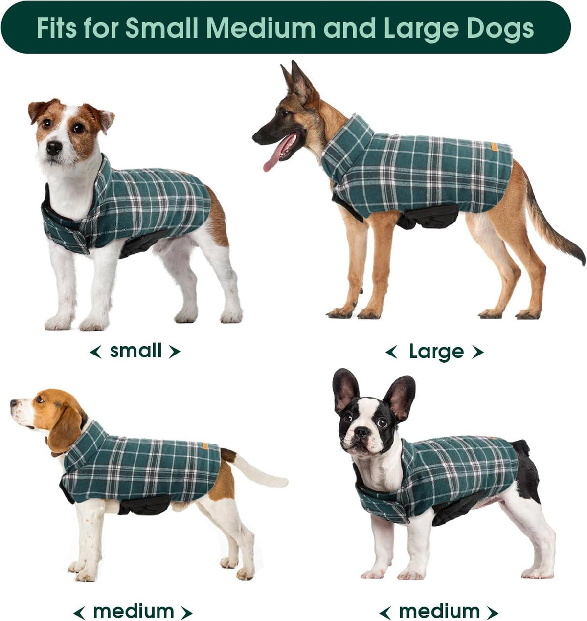 Kuoser Waterproof Dog Coat, Reversible Dog Jacket for Large Dogs, Adjustable Durable Doggie Winter Coat for Groowing Puppies Warm Puppy Cold Weather Apparel, Green L