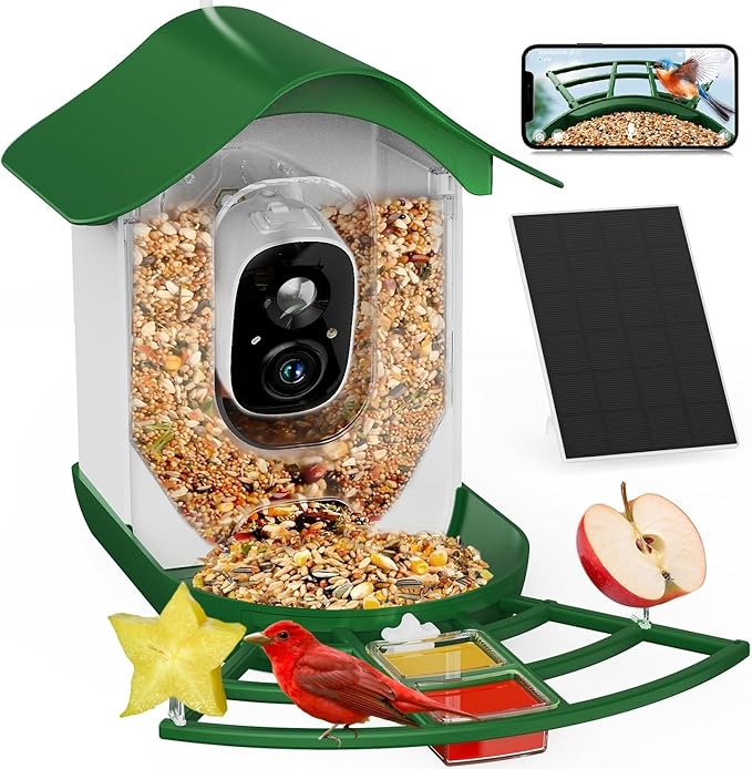 PeckCam® Smart Bird Feeder with Camera 2K HD Auto Detect & Notify, AI Identify 10000+ Birds Camera with Solar Panel 5 Perch Attachments Wireless Outdoor Birdwatching Gift for Birds Lover, Green