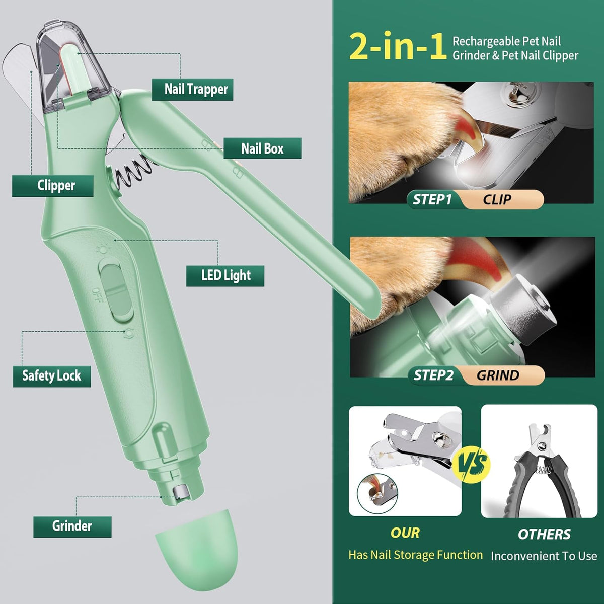 Dog Nail Clippers & Cat Nail Clipper with Catcher, 2 in 1 Dog Nail Trimmers & Grinder with Light for Large Small Dogs Cats,Silent Groom Pro Claw Trimmer, Rechargeable Dogs Nails Grinder Quiet