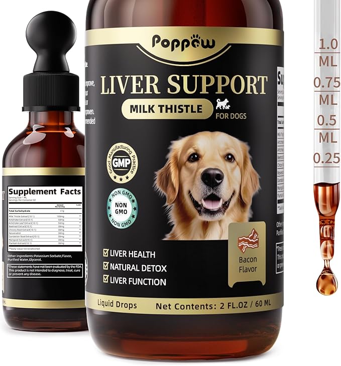 Milk Thistle for Dogs – 9-in-1 Liver and Kidney Support Drops with Artichoke, Resveratrol, Marigold Extract, 100% Natural Detox Supplement for Liver Function, Split Dropper, Bacon Flavor, 2Oz