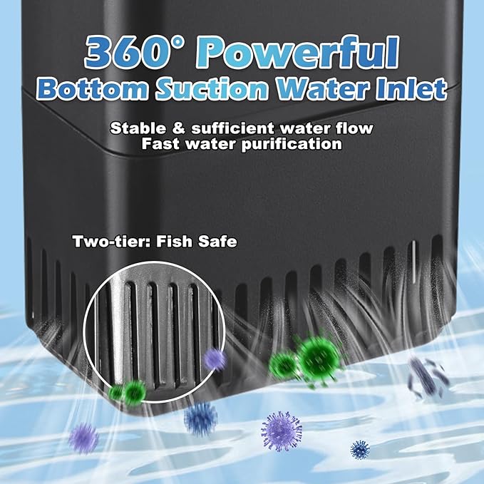 Turtle Tank Filter Aquarium Filter Power Adjustable 10-40 Gal. 222 GPH Small Internal Filter 3-Stage Waterfall Bio-Filtration Low Water Level for Freshwater Saltwater Fish Tank Reptile Shrimp Frog