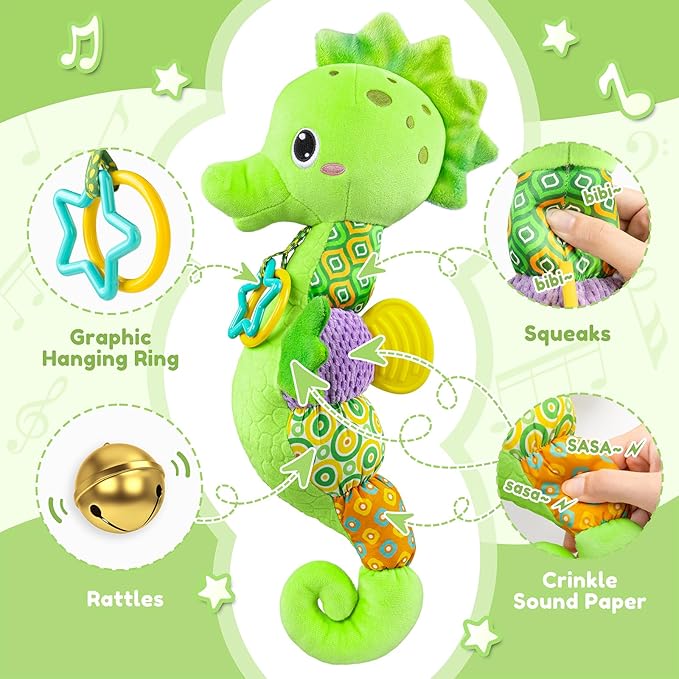 Baby Toys 0 to 12 Months, Musical Stuffed Animal Activity Soft Toys with Multi-Sensory Crinkle, Rattle and Textures, Infant Tummy Time Toys for Newborn Boys Girls, Seahorse, Green