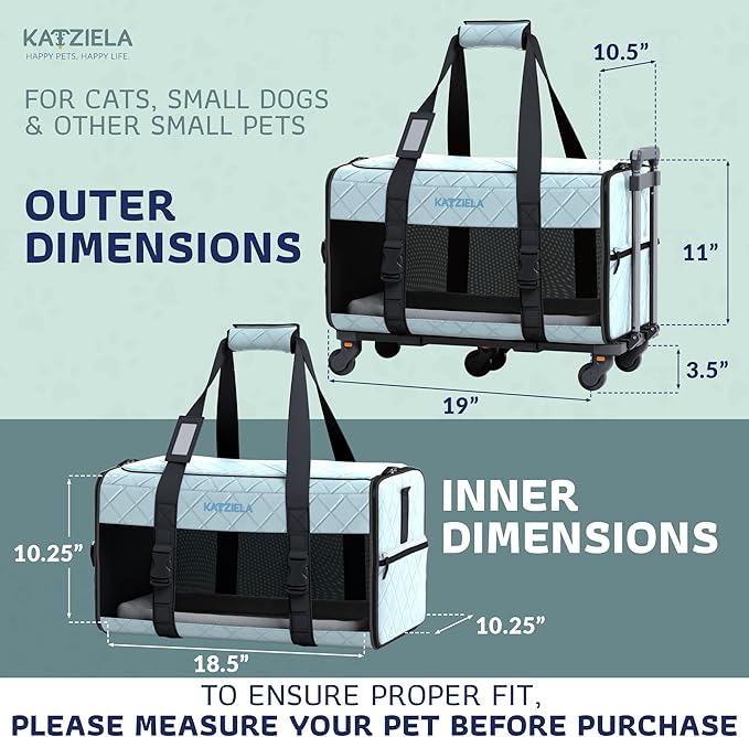 Pet Carrier Airline Approved - Dog Carrier with Wheels - TSA Airline Approved Dog Carrier - Rolling Pet Carrier with Wheels for Small to Medium Size Cat or Dog - Airplane Cabin Animal (Blue)