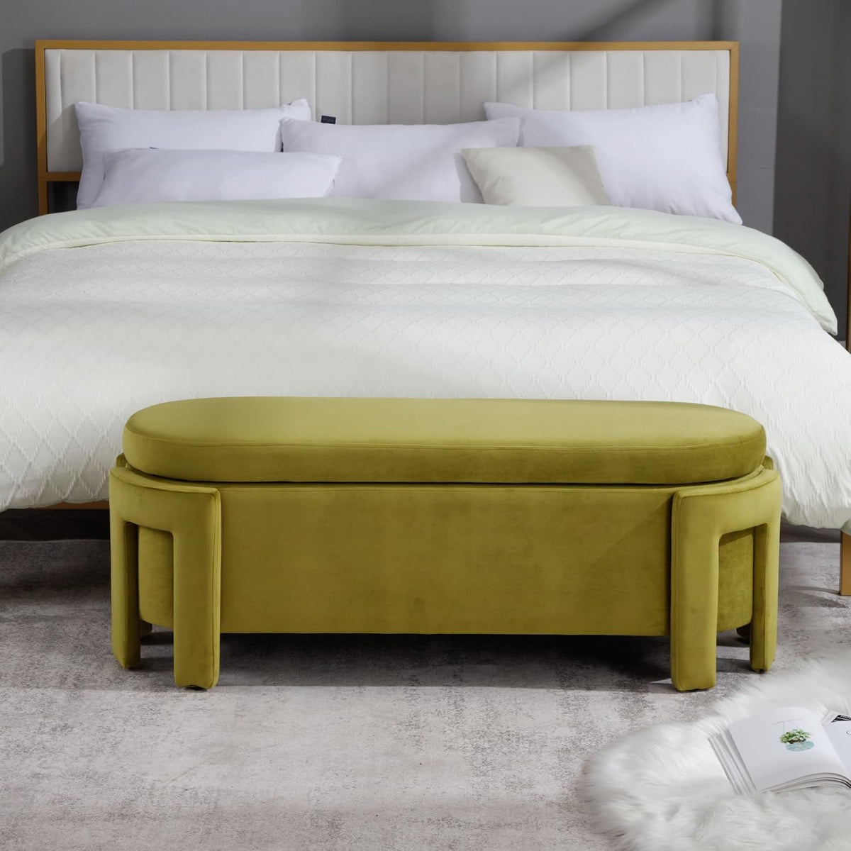 Modern Upholstered Storage Bench, Velvet Fabric 50" Long Entryway Bench with Storage and Seating, Comfy Cute Ottoman Bench for Living Room/End of Bed/Hallway, Olive Green
