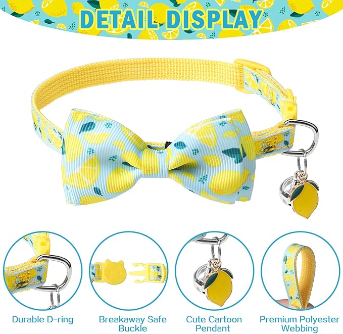 SCENEREAL Breakaway Cat Collar with Bell, 2 Pack Safety Adjustable Cat Collars with Pendant, Personalised Puppy Kitten Collar with Bow for Spring Summer Boys Girls, Lemon Bee