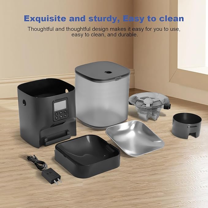 Automatic Cat Feeder, Cat Food Dispenser with 10s Voice Recorder, Pet Feeder up to 8 Meals per Day, Timed Feeder with Dry Food Sealed Ring (Black, 6L)