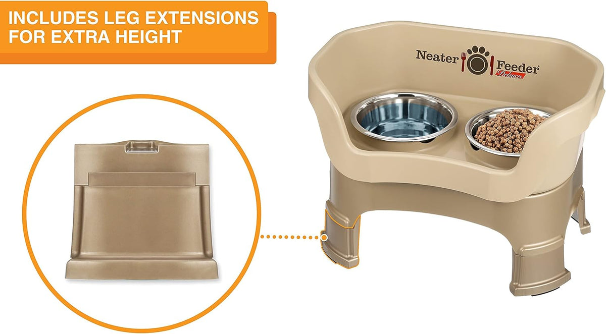 Neater Feeder Deluxe Mess Proof Dog Bowls Elevated Medium Sized Dogs (19-40 lbs) Made in USA, No Spill Raised Dog Food Bowl Stand w/Leg Extension, Stainless Steel Food and Water Bowl Set, Cappuccino