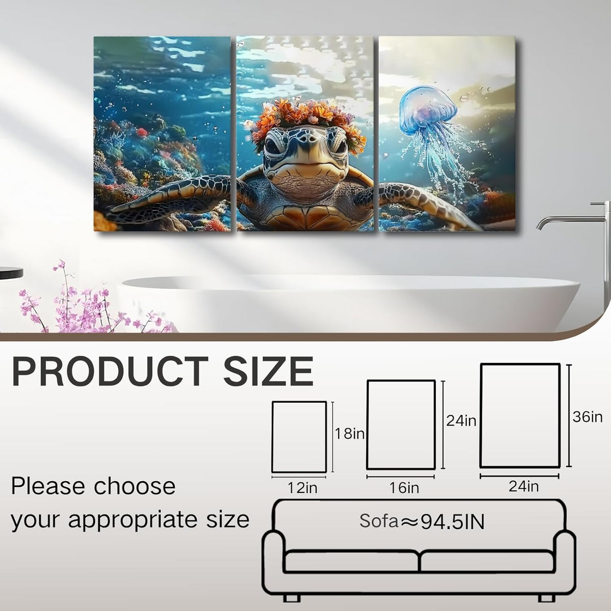 Wivsev Sea Turtle Canvas Wall Art,Under Sea Wall Art,Sea Life Pictures Wall Decor,Ocean Animal Painting for Bathroom,Living Room,Bedroom (12" x 18" x 3 pcs)