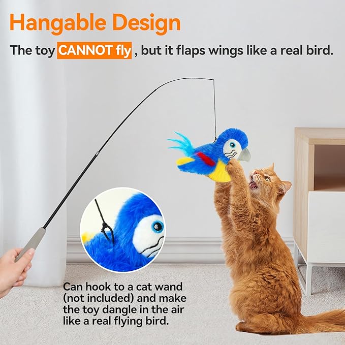 Cat Toys Flapping Bird(Cannot Fly), Electric Simulated Chirping Bird Interactive Kitten Toy with Flappy Wings, Rechargeable Touch Activated Toy with Catnip and Feather for Indoor Cats- Bule