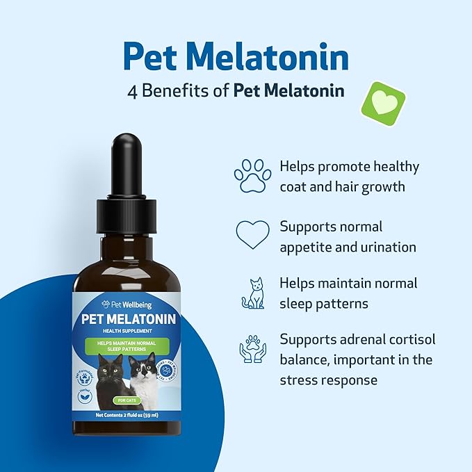 Pet Wellbeing Pet Melatonin for Cats - Supports Adrenal & Thyroid Health, Cortisol Balance, Helps Maintain Normal Sleep Patterns - Veterinarian-Formulated Liquid Supplement 2 fl oz (59 ml)