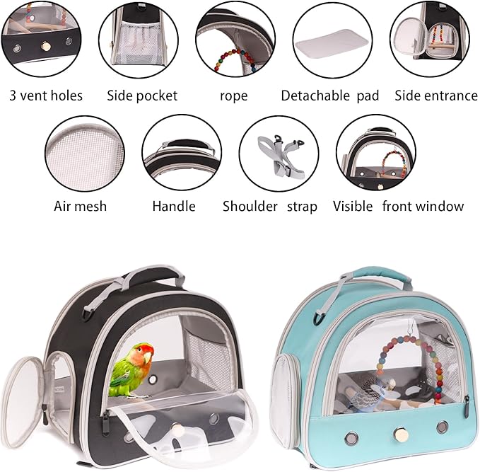 Portable Parrot Travel Cage Carrier with Small Swing Toy&Cage Colorful Toys Set Small Bird Parakeet Bag with Standing Perch Bird Carry Transport Bag (Green, Carreir/Swing)
