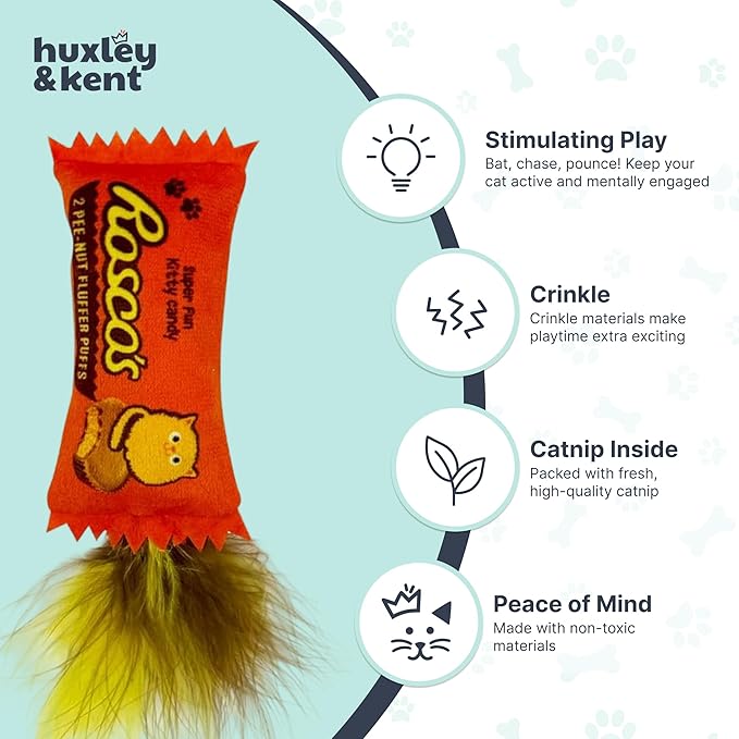 Huxley & Kent Plush Cat Toy - Interactive Catnip Toy for Cats & Kittens - Soft with Crinkle & Catnip - Fun Indoor Play - Roscos Fluffer Puffs
