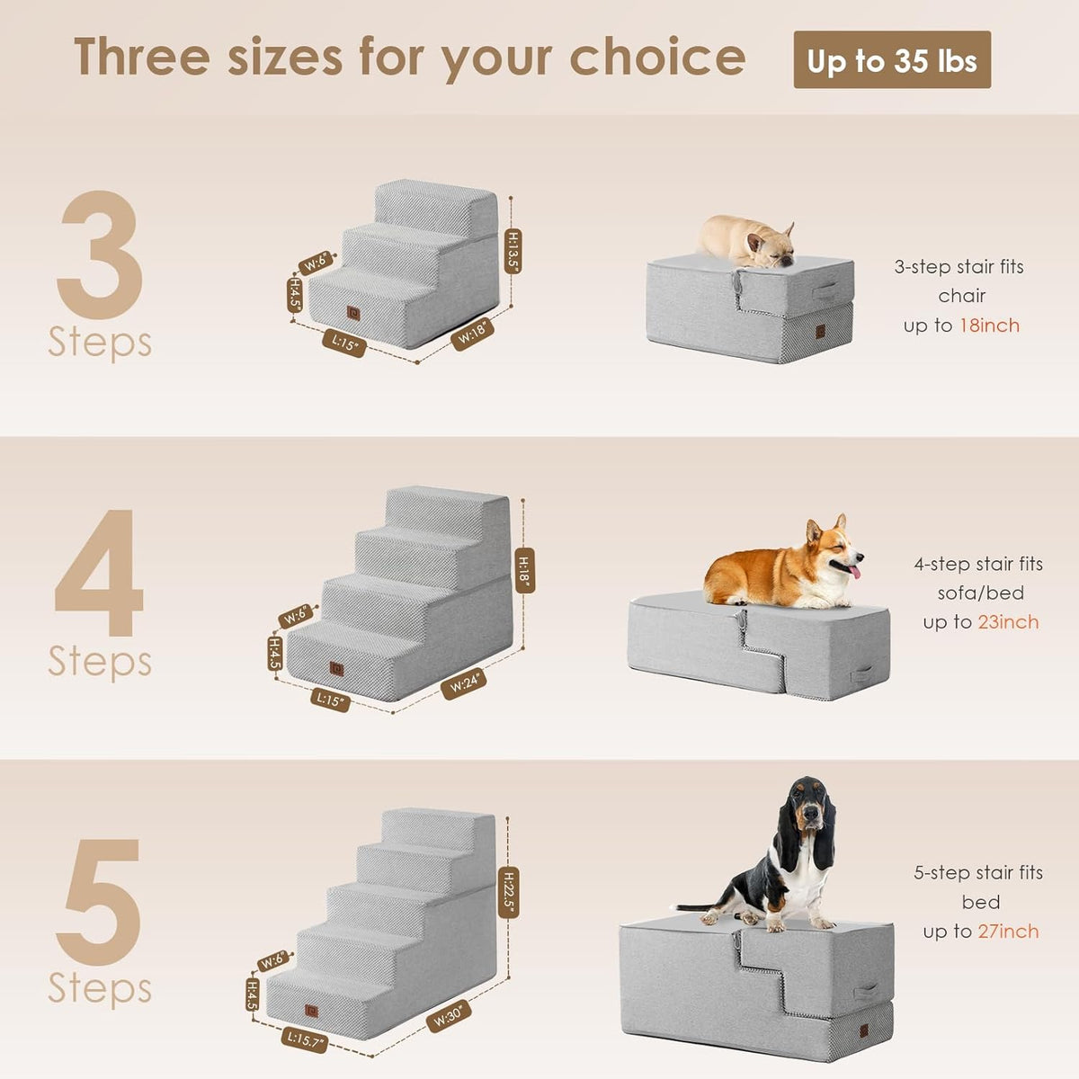 EHEYCIGA Dog Stairs for Bed 18" H, 4-Step Dog Steps for High Bed, Pet Steps for Small Dogs and Cats, Non-Slip Balanced Pet Ramp Indoor, Light Grey