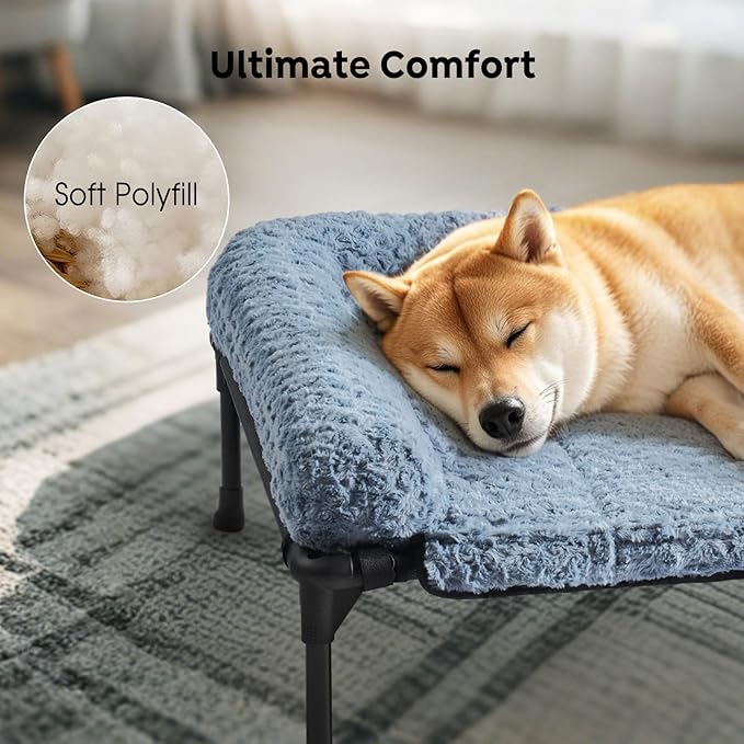 Veehoo Cooling Elevated Dog Bed Add Removable Deluxe Rose Plush Bolster Cushion Mat, 53" x 33" Washable Dog Couch Bed, Raised Pet Cot with Breathable Teslin Mesh, No-Slip Feet, Haze Blue, CWC2439B