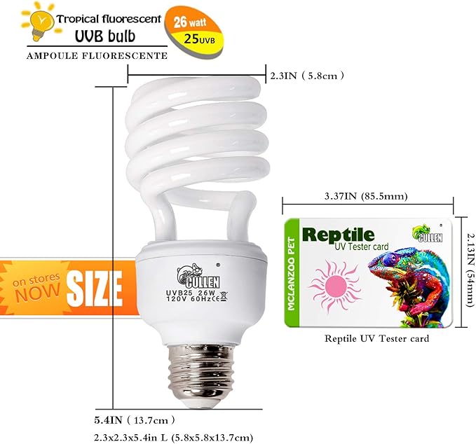 UVA UVB Reptile Light 5.0 Tropical 26W UVA UVB Bulb E26 Compact Fluorescent Terrarium Lamp with UV Tester Card