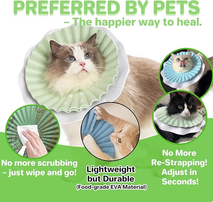 Soft Cat Cone Collar for Cats & Kittens – Adjustable Lightweight Recovery E-Collar to Stop Licking, Scratching & Biting After Surgery, Comfortable Wound Healing Cone Alternative (Green, S)