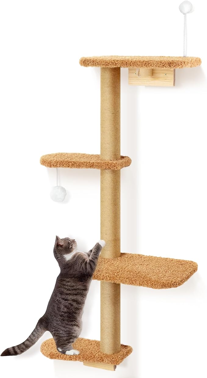 Brown Wall Mounted Cat Wall Climber & Tree for Kittens, 4 Platform Cat Shelves with Brown Plush Cushions, Floating Furniture for Climbing, Lounging, Scratching – 49” Tall