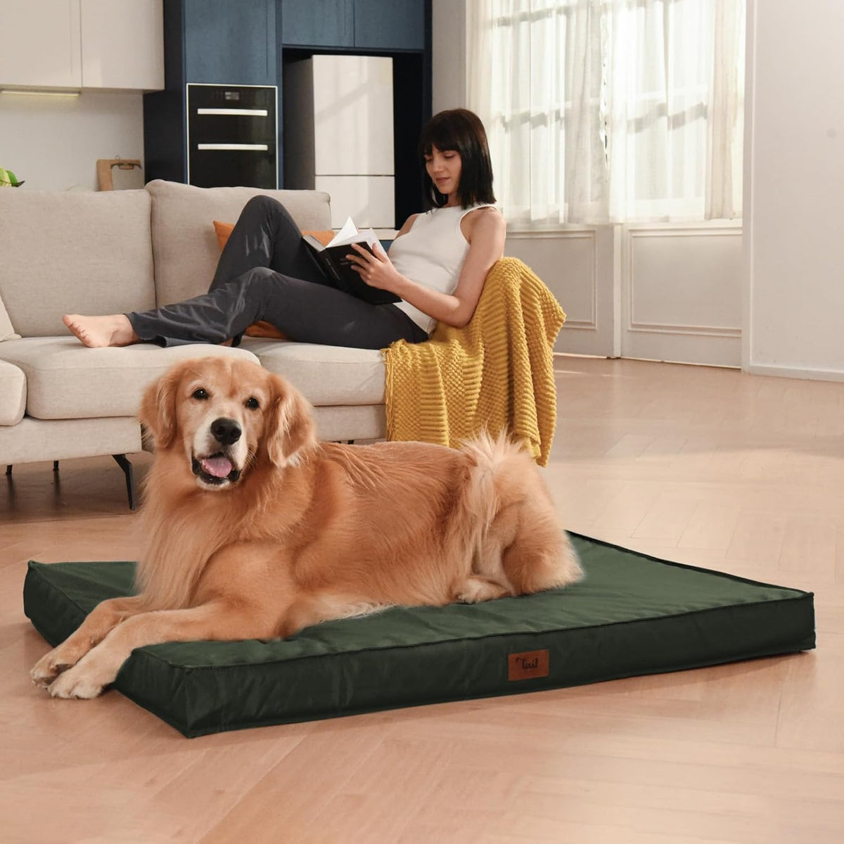 Outdoor Extra Large Dog Bed, Waterproof Dog Bed for Large Dogs, Orthopedic Egg Foam Pet Bed with Washable and Removable Oxford Cooling Cover, Dark Green