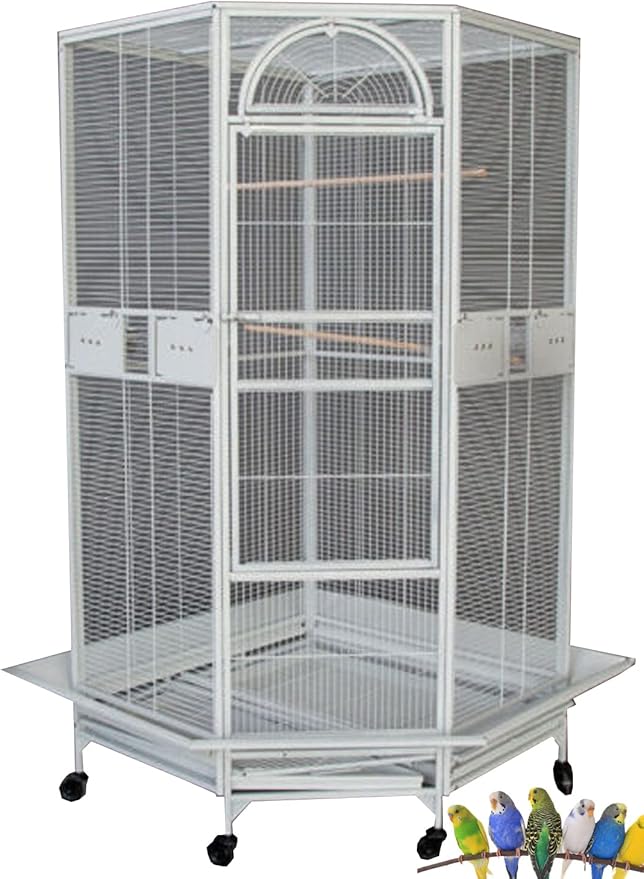 64" Extra Large Corner Bird Flight Breeding Wrought Iron Rolling Parrot Cage Side Solid Metal Plate Feed Doors Pull Out Removable Grate and Tray with Around Metal Seed Guard