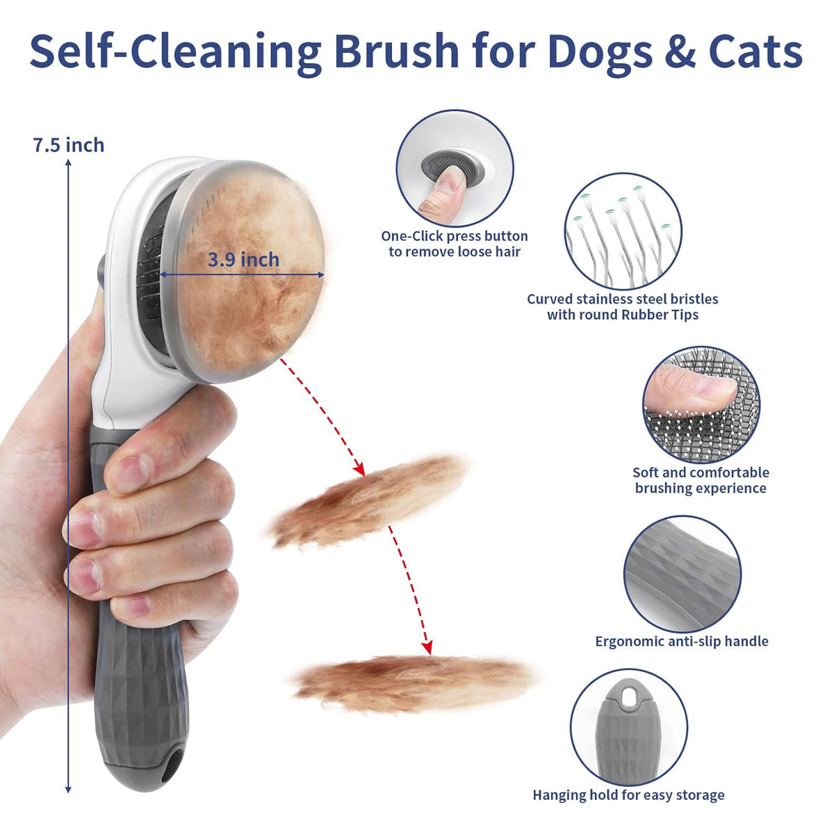 5 in 1 Dog Grooming Kit - Self-Cleaning Slicker Brush for Shedding Short Long Haired Dogs & Cats, Includes Pet Comb, Flea Comb, Bath Brush, Undercoat Rake - Complete Fur Care Set - Gray
