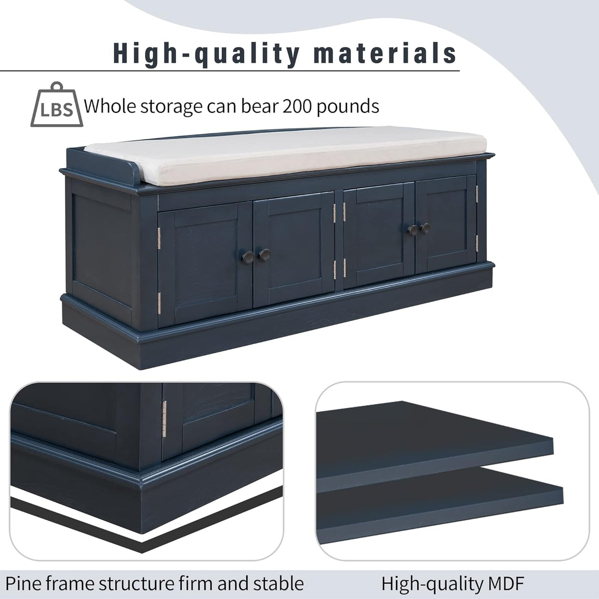 Storage Bench with 4 Doors and Adjustable Shelves, Shoe Bench with Removable Cushion for Living Room, Entryway 42.7" L x 16" W x 17.4" H (Antique Navy)
