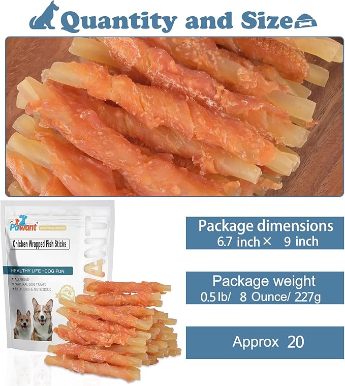 Dog Treats Soft Chews Rawhide Free Chicken Wrapped Cod Sticks for Puppy Training Snacks Dog Chews Treats 0.5lb/227g