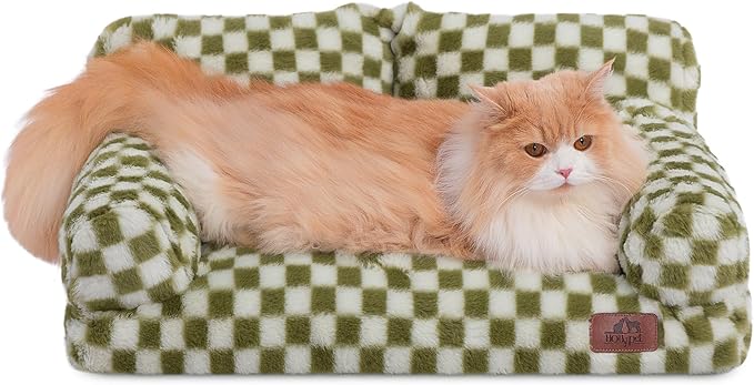 Hollypet Fluffy Plush Dog Cat Pet Couch Soft Calming Sofa Bed for Medium Small Cats and Dogs, Green and White