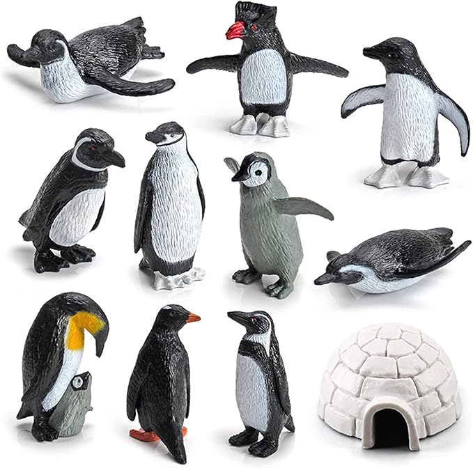 11PCS Penguin Toys, Plastic Arctic Animal Penguin Figures for Kids, Realistic Polar Animals Penguin Figurines Set with Igloo Model, Cake Topper Winter Miniature Toys Decoration