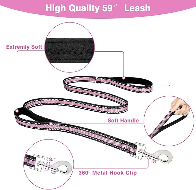 WINSEE Pet Harness Collar and Leash Set, All-in-one Reflective Dog Harness No Pull with Adjustable Buckles for Puppies, Small, Medium, Large, and Extra-Large Dogs (Small, Pink)