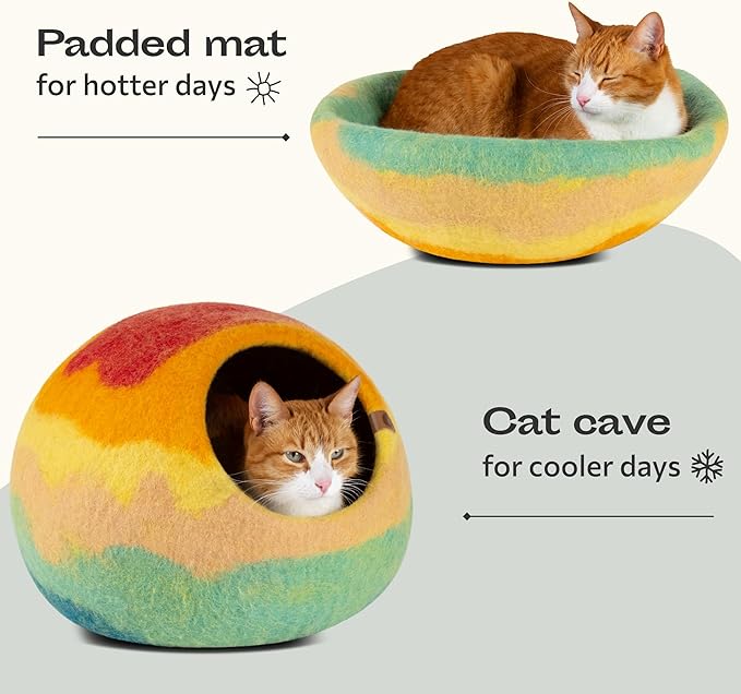 MEOWFIA Cat Cave – Premium Felt Cat Bed for Indoor Cats, Handmade 100% Merino Wool (Medium, Tucson Sunset)