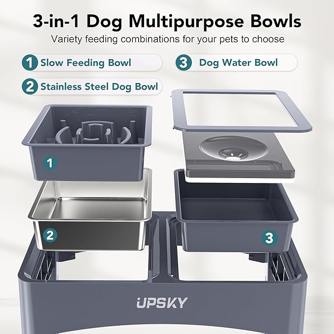 UPSKY 3-in-1 Elevated Dog Bowls Slow Feeder, Adjustable Stand, Stainless Steel Food & No Spill Pet Water Bowl for Small Medium Dogs, Blue