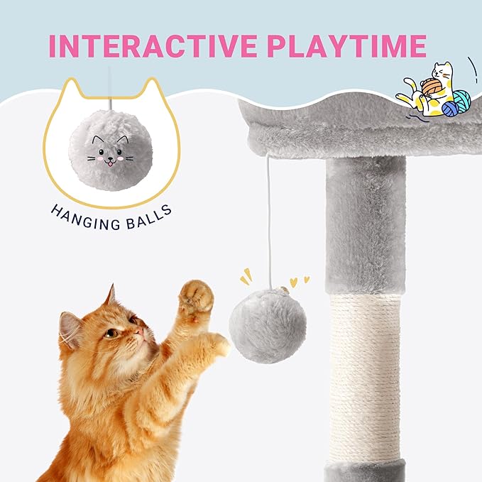 Allewie 29 Inches Cat Tree Tower/Plush Perches Platform/Condo/House/Sisal Scratching Posts/Multi-Level Activity Center Furniture for Kittens/Grey