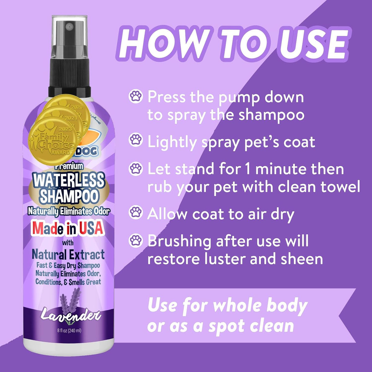Bodhi Dog Waterless Shampoo - Natural Dry Shampoo for Dogs & Cats - Neutralizes Pet Odor - No Rinse Required - Made of Natural Extracts - Safe for Sensitive Skin - Made in USA - Lavender (8 Fl Oz)