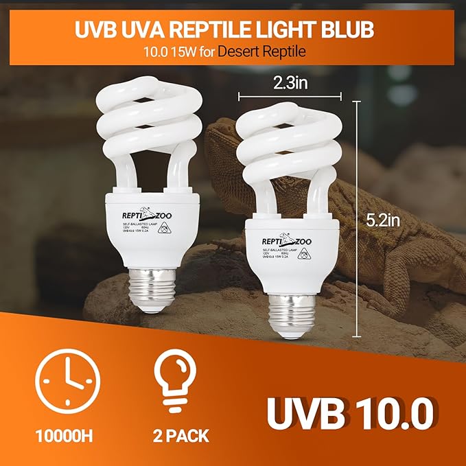 REPTI ZOO UVB Light for Desert Reptile 2 Pack, 10.0 15W UVA UVB Reptile Light Bulb, UVB Lamp for Bearded Dragons Tortoises Lizards Snakes
