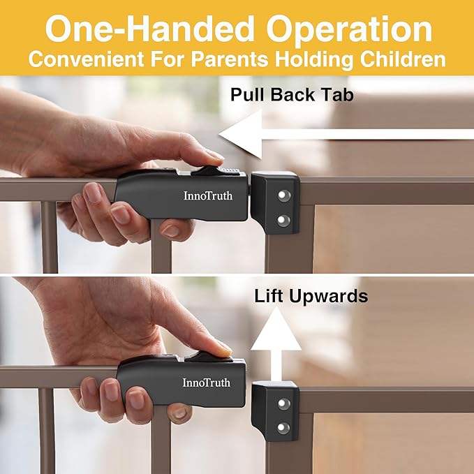 InnoTruth 29.5–49.75" Extra Wide Baby Gate for Stairs, 30" Tall Walk Through Dog Gate for Stairs & Doorways, Pressure-Mounted Safety Gate for Pets & Kids, Dual Lock & 2-Way Swing, Brown